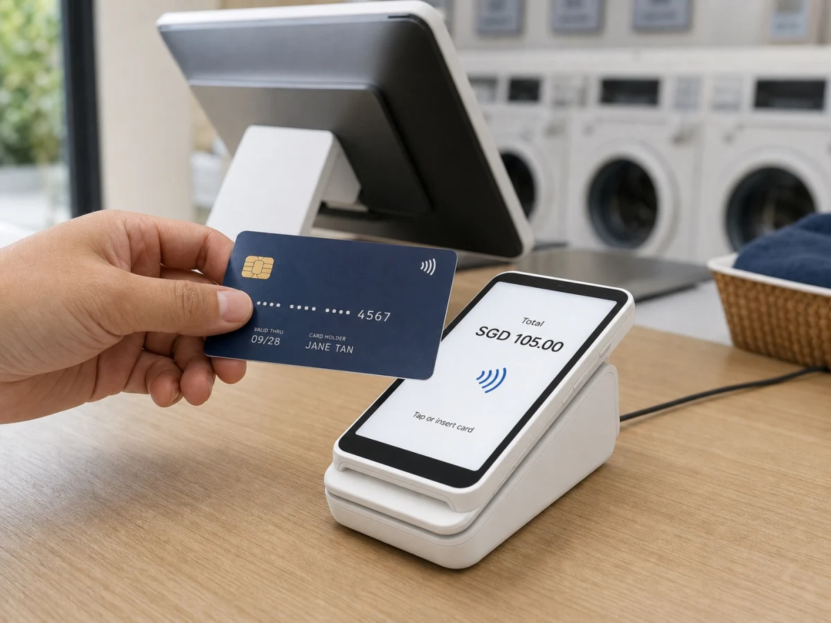 A customer holding a bank card above a card payment terminal in its dock, the terminal screen showing a total of SGD 105.00 and a prompt to tap or insert the card.