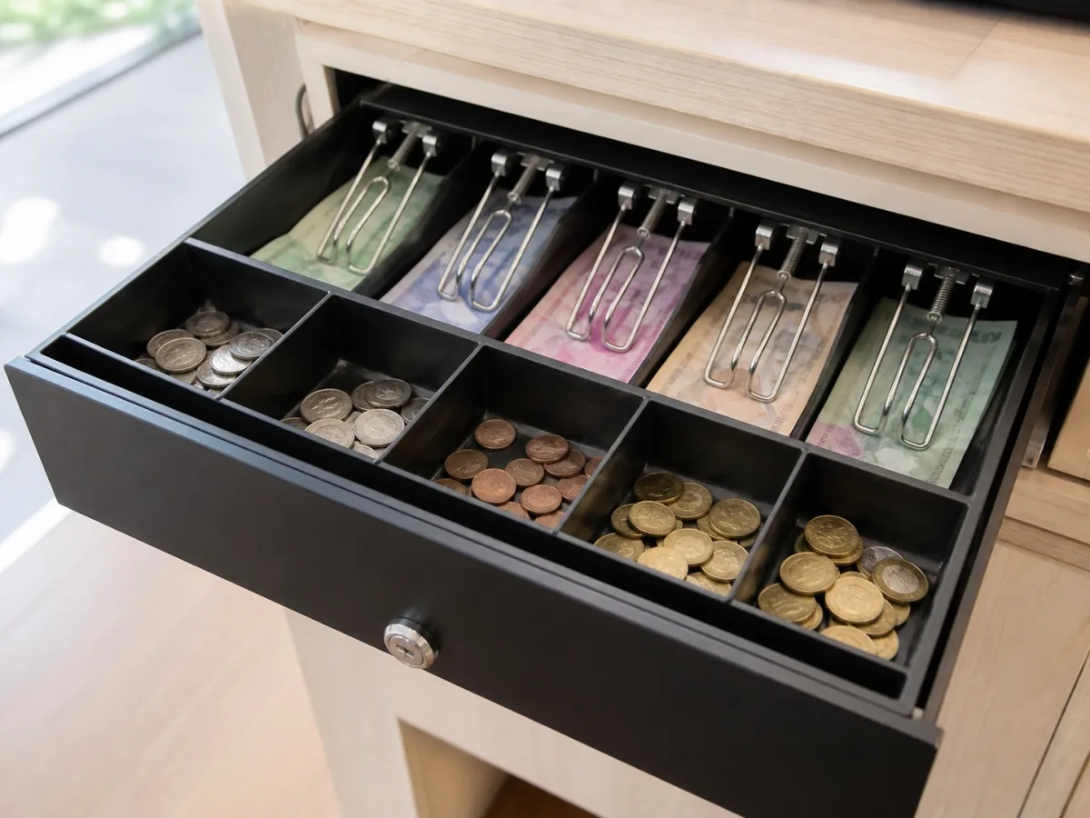 An open cash drawer on a counter showing its coin and note tray