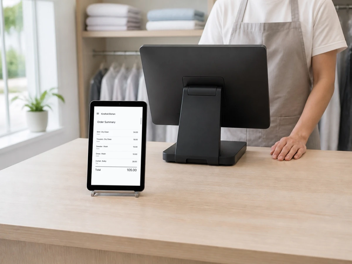 A small customer-facing tablet on a shop counter showing an EasyBiz order summary of line items and the total, with the POS terminal and an assistant behind it.