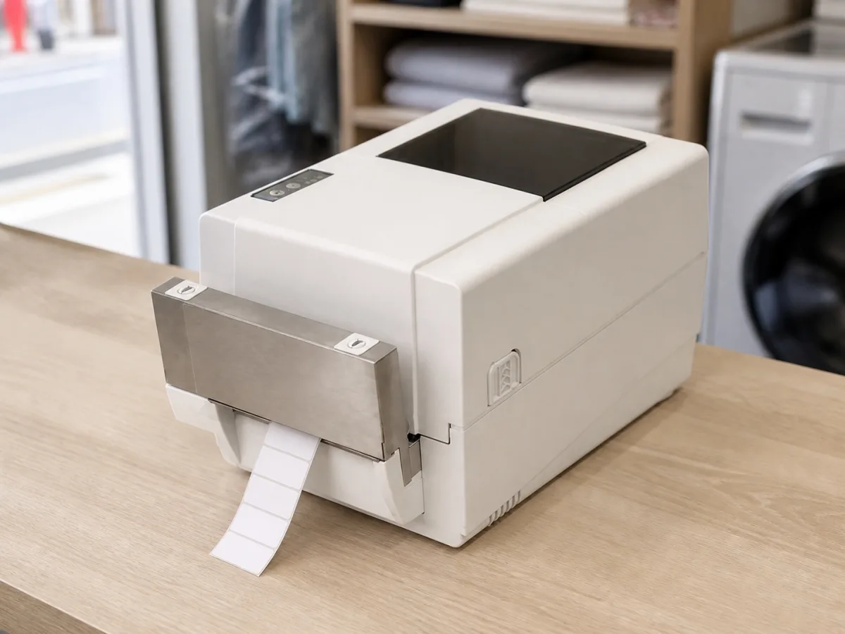 A desktop label printer feeding out small garment care labels