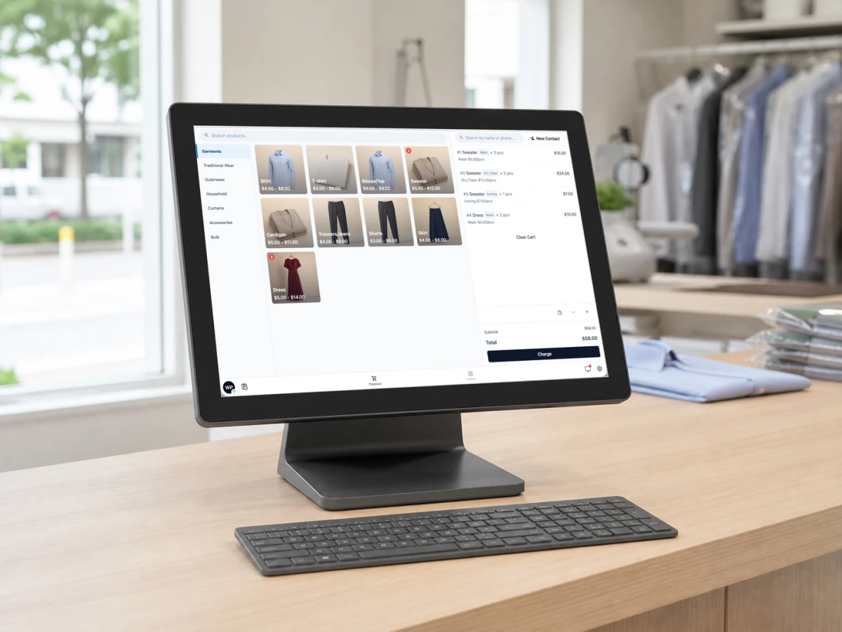 A touchscreen POS terminal and keyboard on a laundry shop counter, showing the EasyBiz checkout screen with garment prices and the customer's cart.