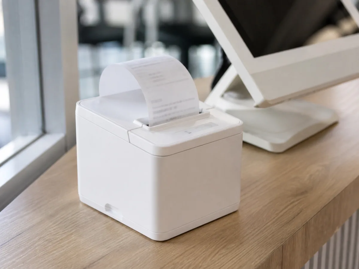 A compact thermal receipt printer on a shop counter with a receipt printing