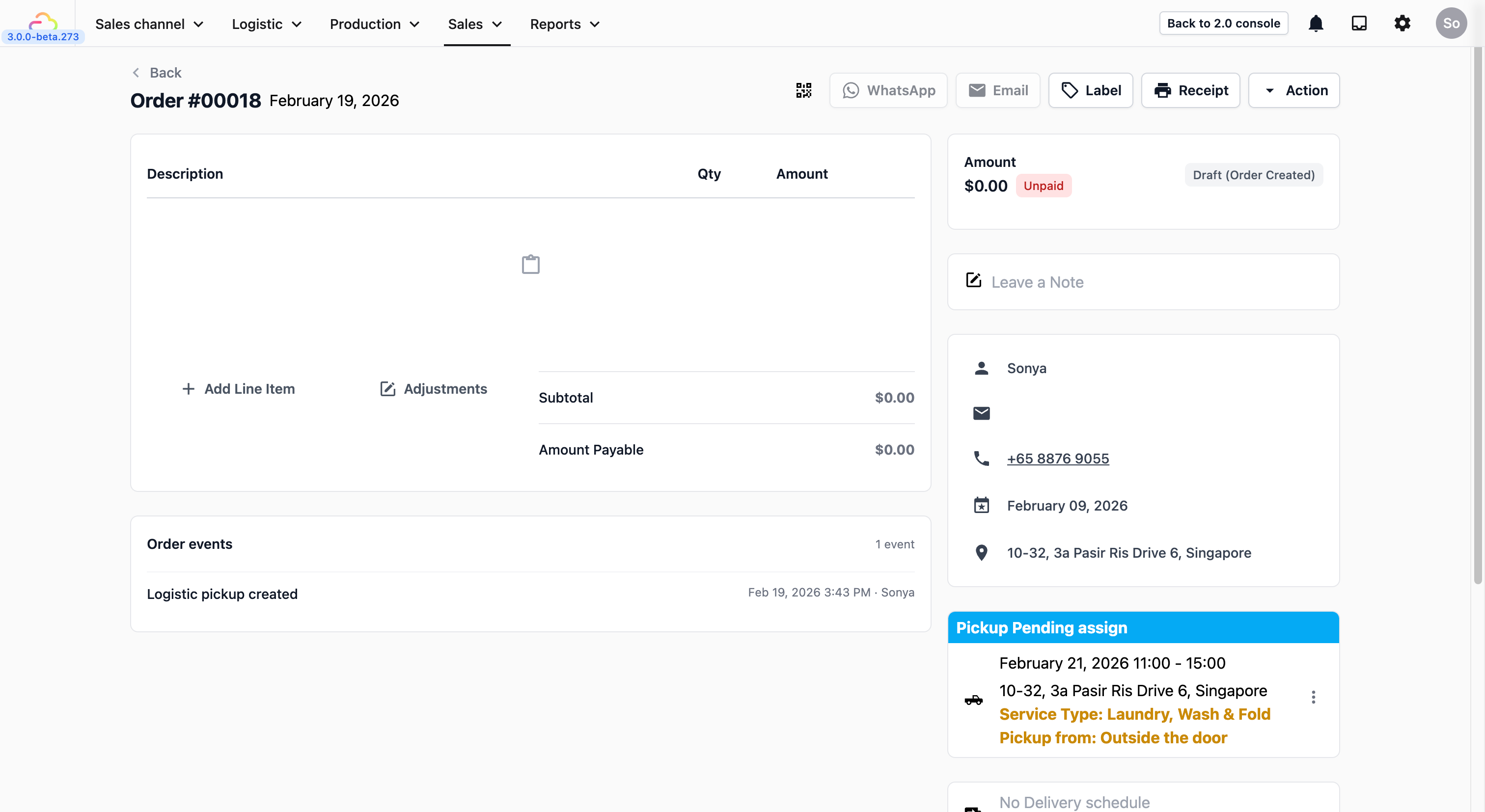 Screenshot of the EasyBiz Cloud Order Dashboard with a new sales order created from a customer's Mini App booking form