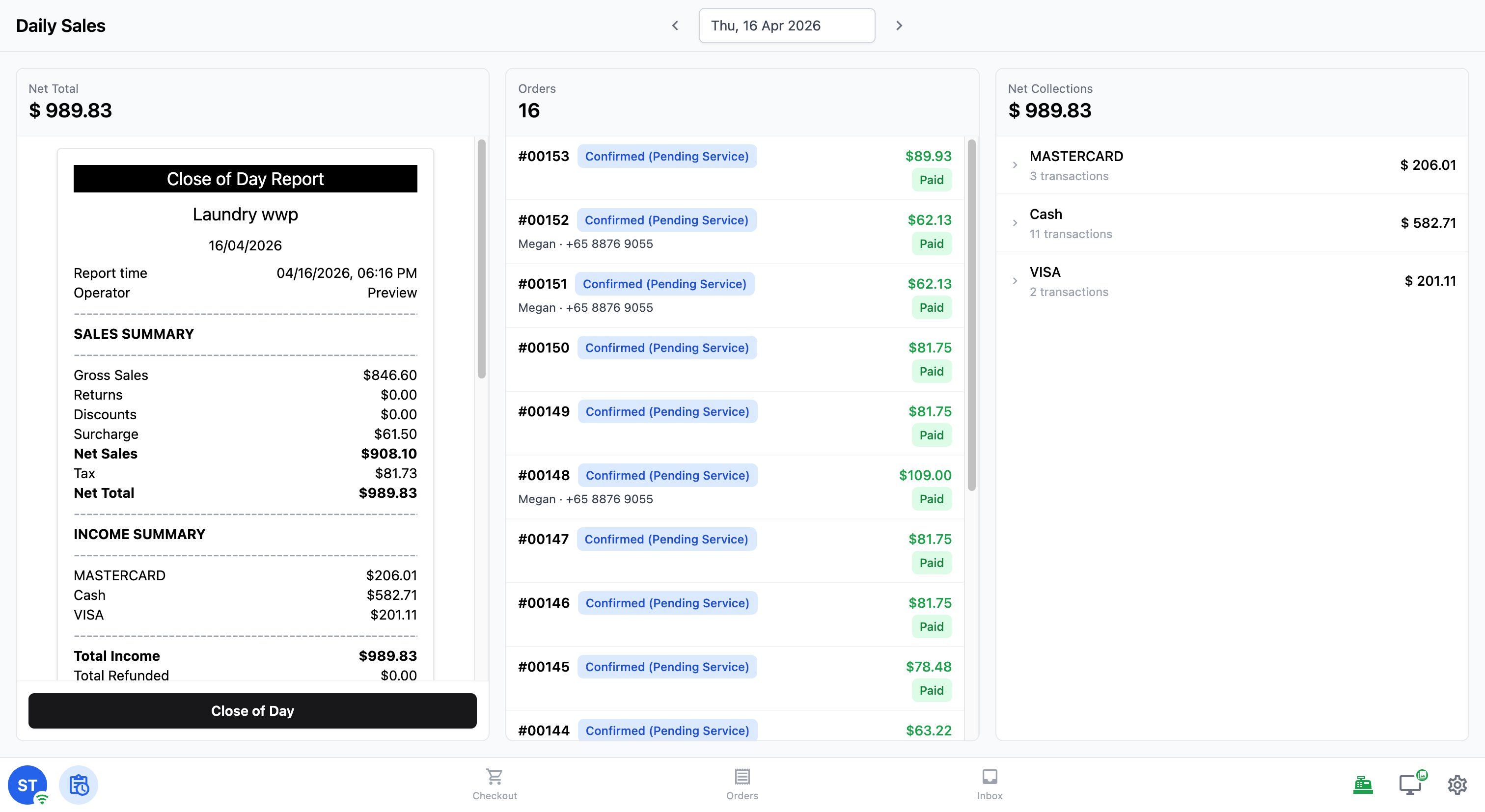 Screenshot of the new Daily Sales screen showing total orders, net collections, and a breakdown of how customers paid
