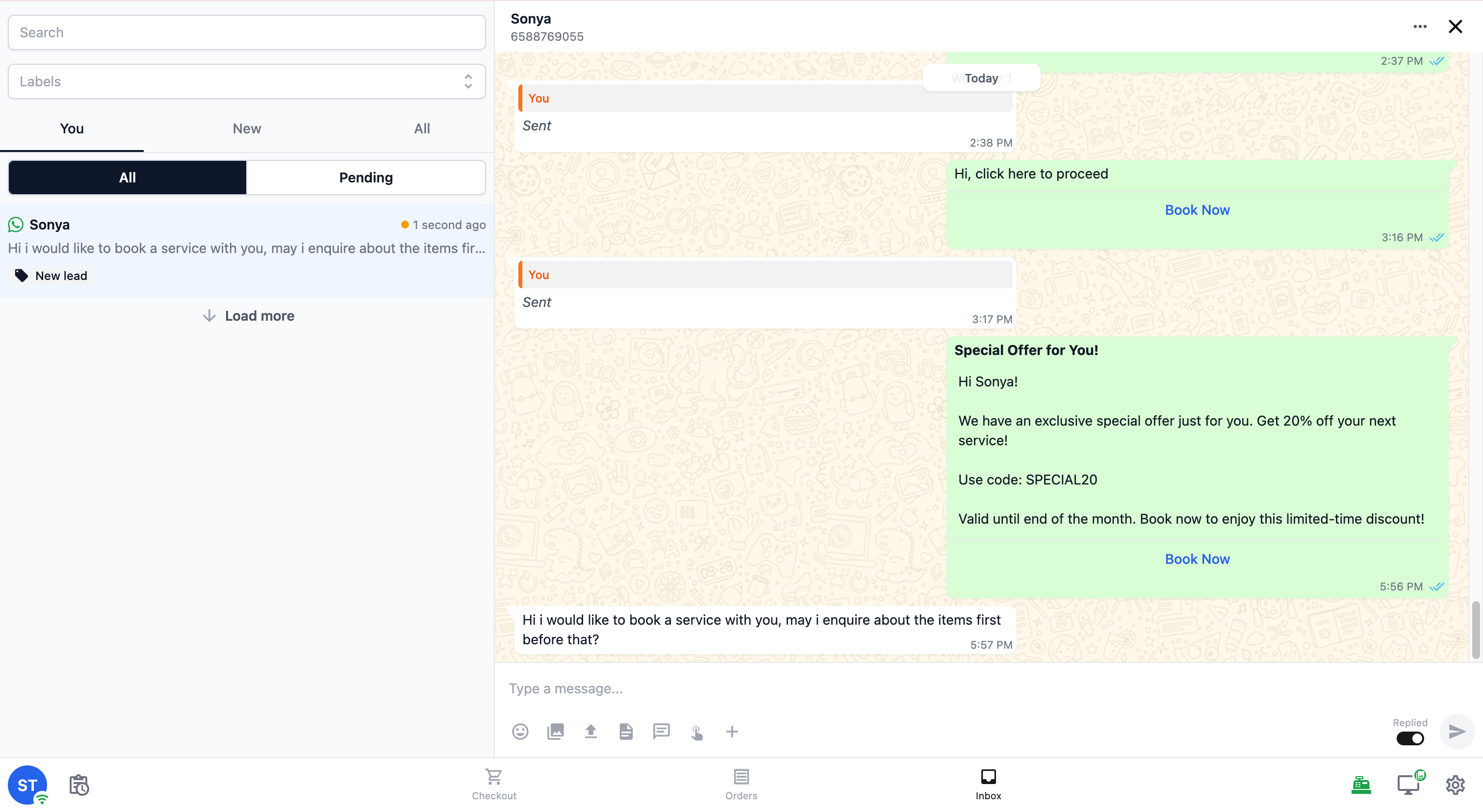 Screenshot of the EasyBiz Cloud POS counter view with the WhatsApp Inbox panel open alongside the order screen