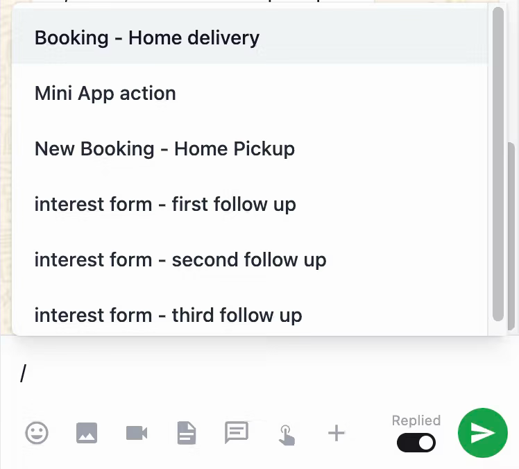 Screenshot of the Quick Reply Templates editor showing the new Mini App Action option